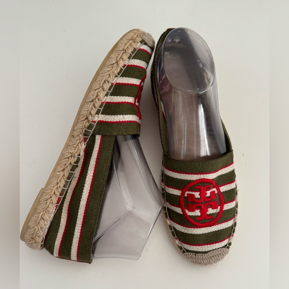 Tory Burch Women’s Size 10 Slip On Espadrilles Green Striped Red Canvas‎ Logo